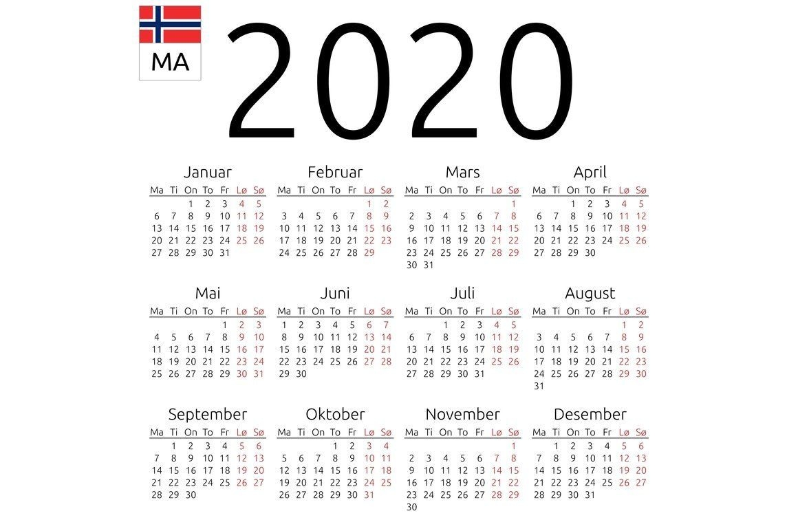 calendar 2020, norwegian, monday in 2020 | stationery