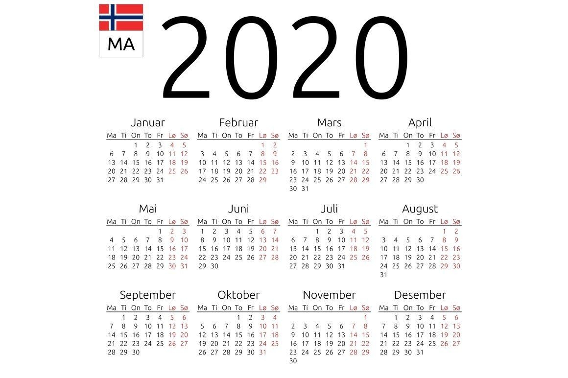 Calendar 2020, Norwegian, Monday In 2020 | Stationery