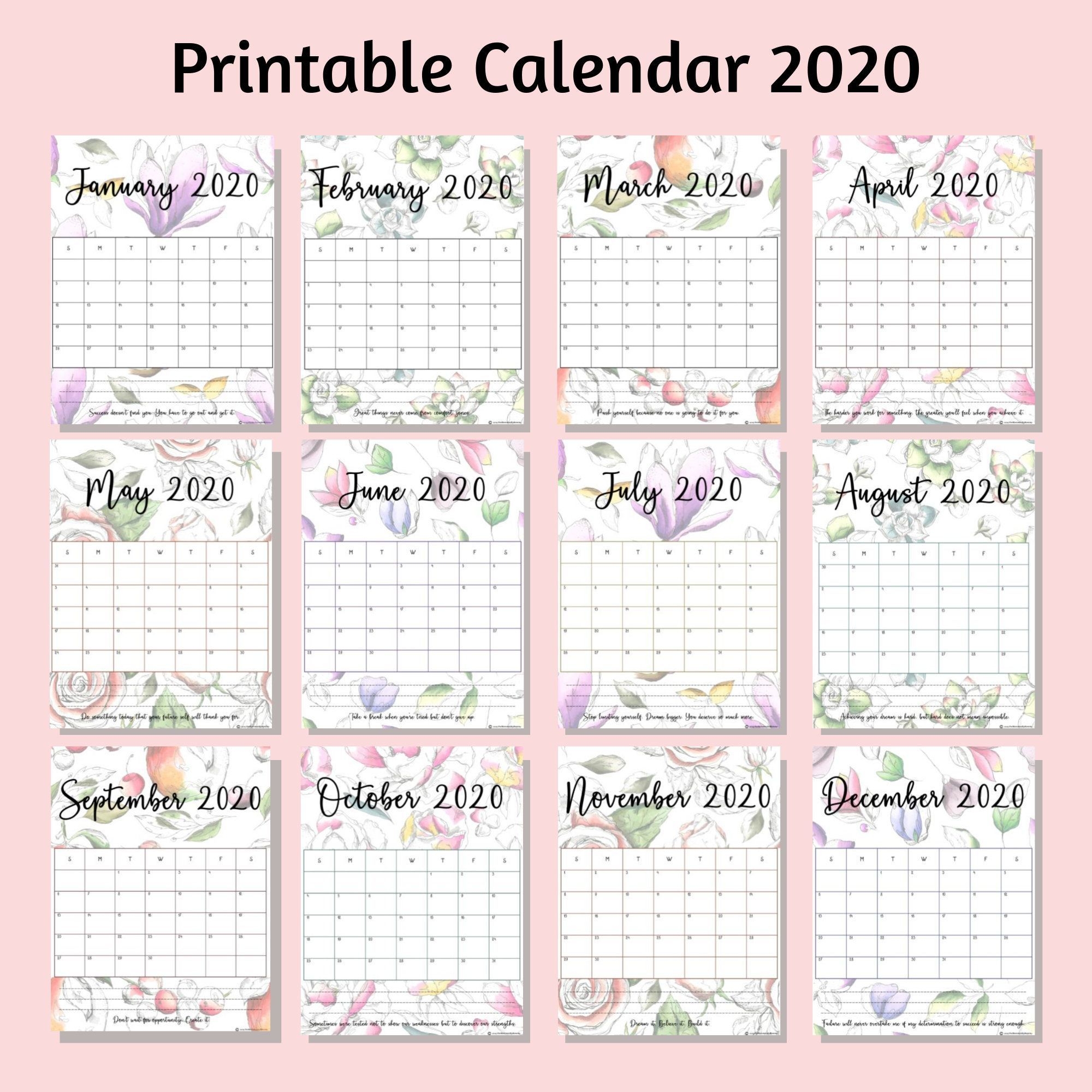 Calendar 2020 Printable Monthly Planner Floral Design In