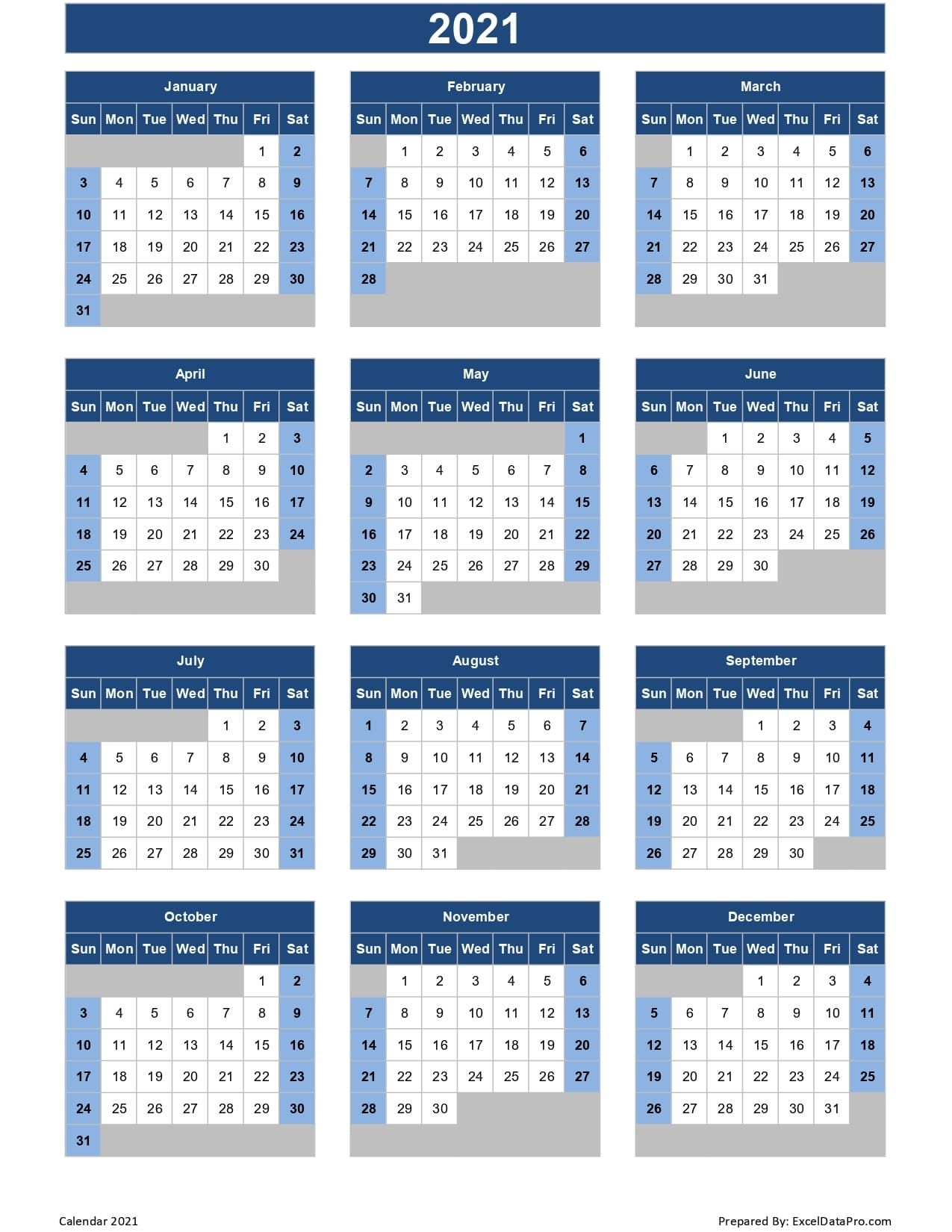 Calendar 2021 Excel Templates, Printable Pdfs & Images