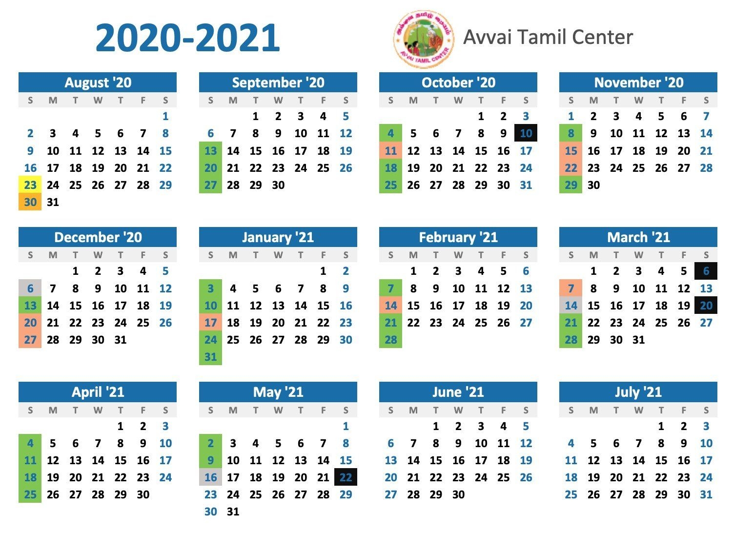 Calendar Avvai Tamil Center