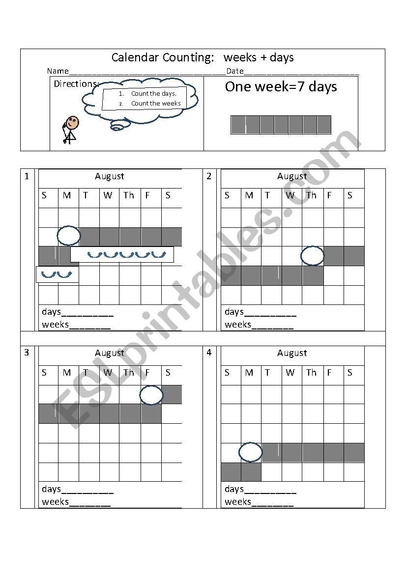 Calendar Counting: Weeks Days Esl Worksheetasltoenglish