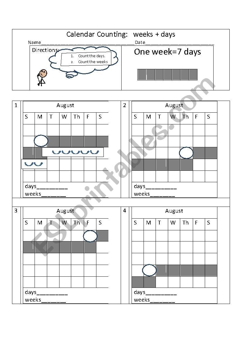 calendar counting: weeks days esl worksheetasltoenglish