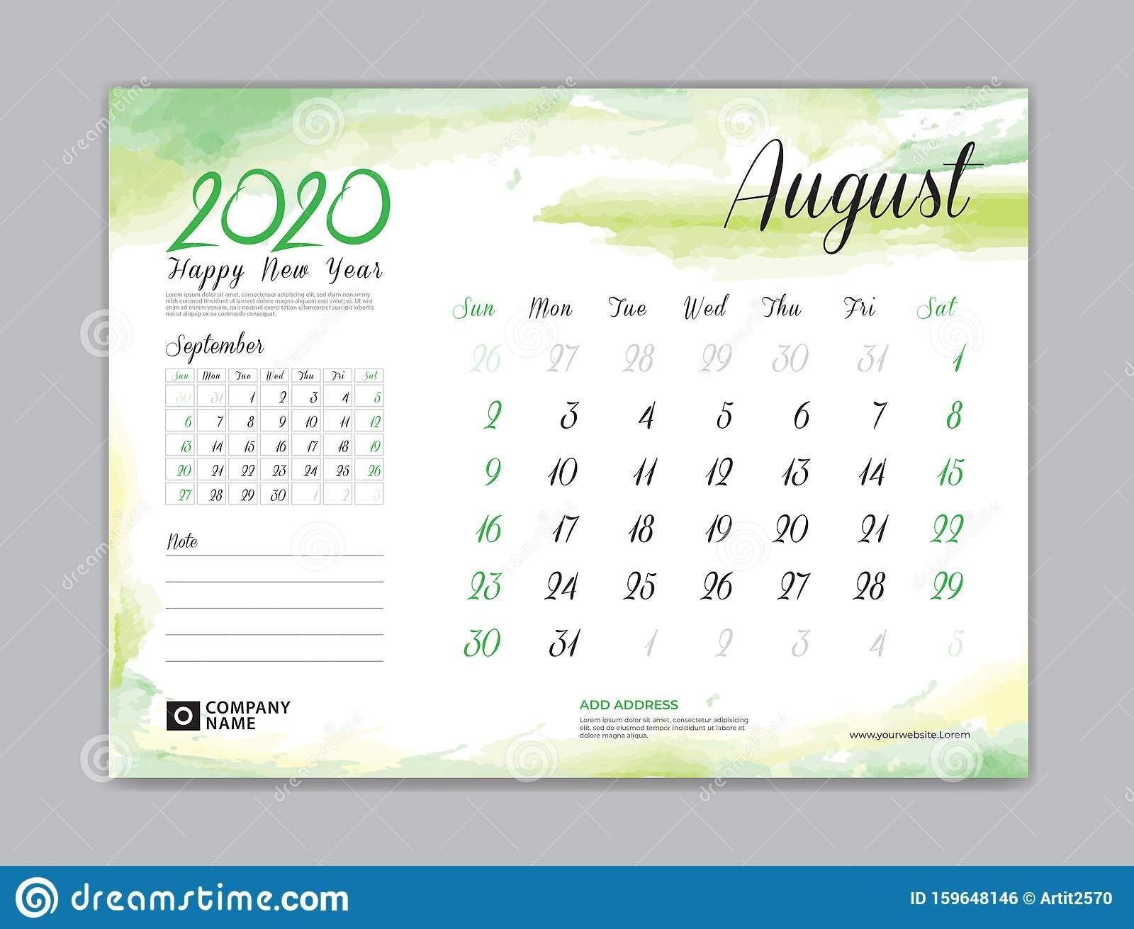 Calendar For 2020 Year Template, August Month, Desk Calendar