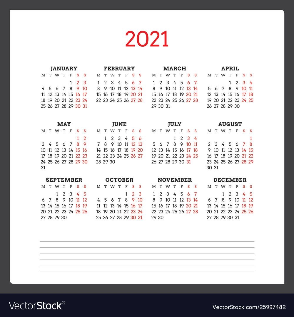 Calendar For 2021 Year Week Starts On Monday