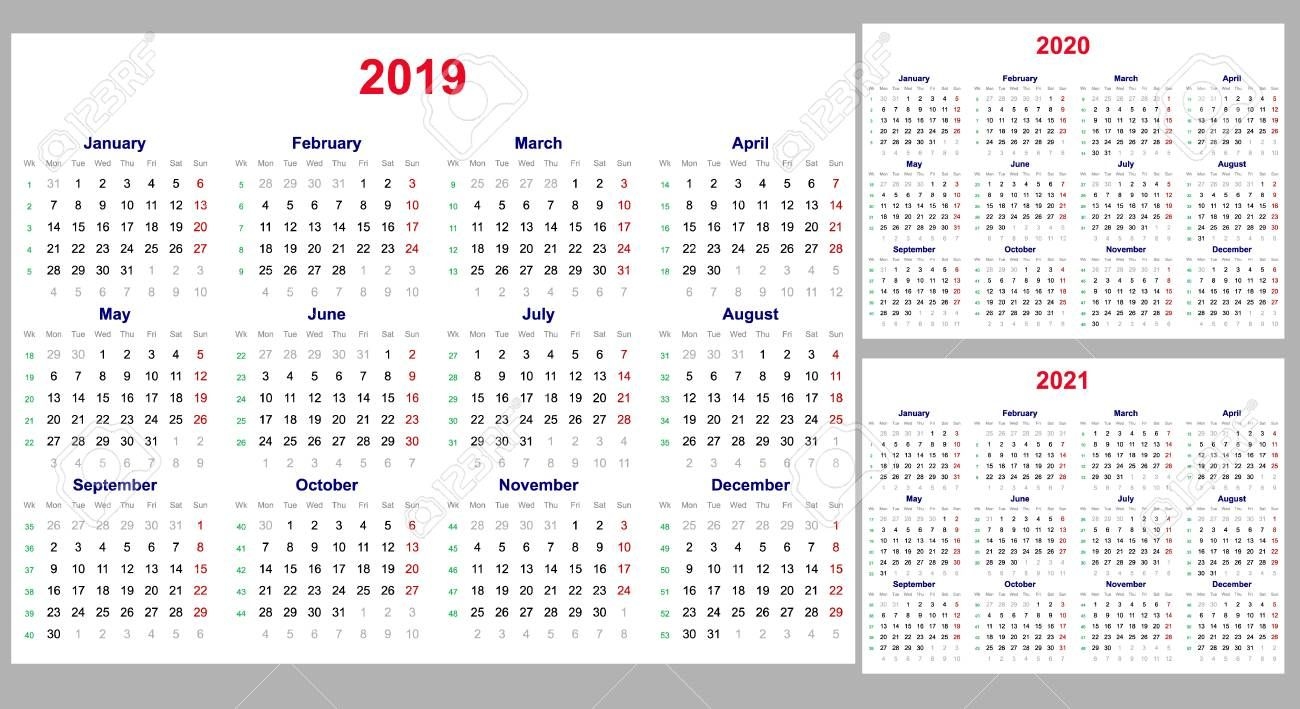 calendar grid for 2019, 2020 and 2021 years set the week starts