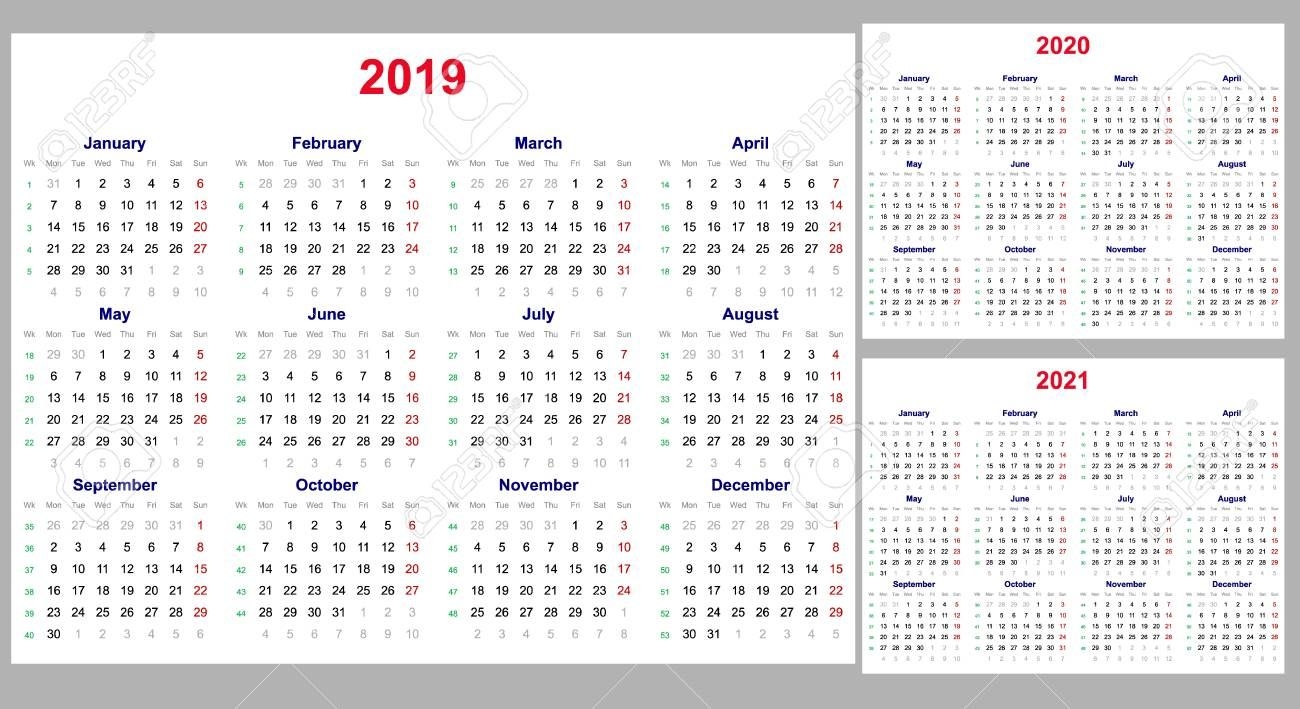 Calendar Grid For 2019, 2020 And 2021 Years Set The Week Starts