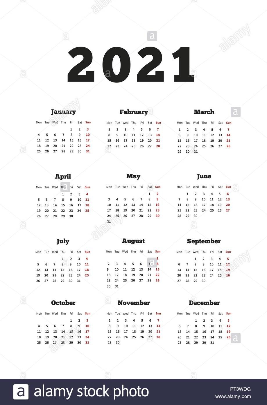 calendar on 2021 year with week starting from monday, a4