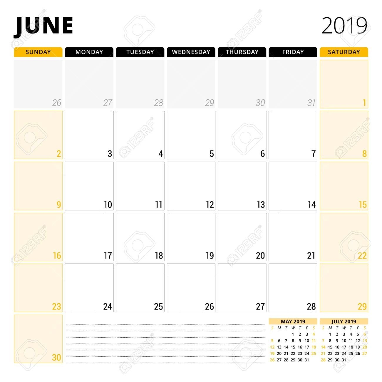 Calendar Planner For June 2019 Stationery Design Template Week