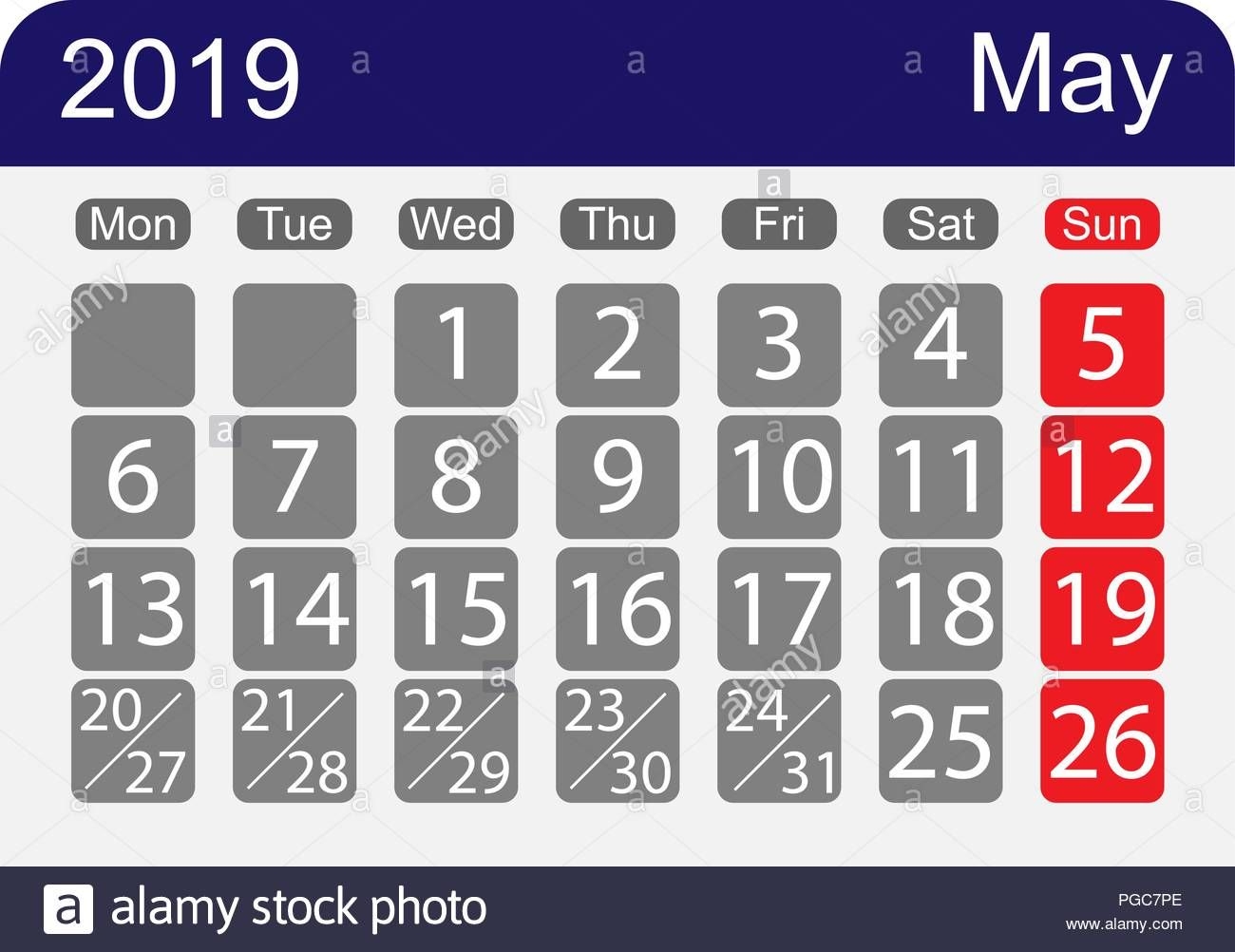 Calendar Sheet 2019 For The Month Of May, A Week With One