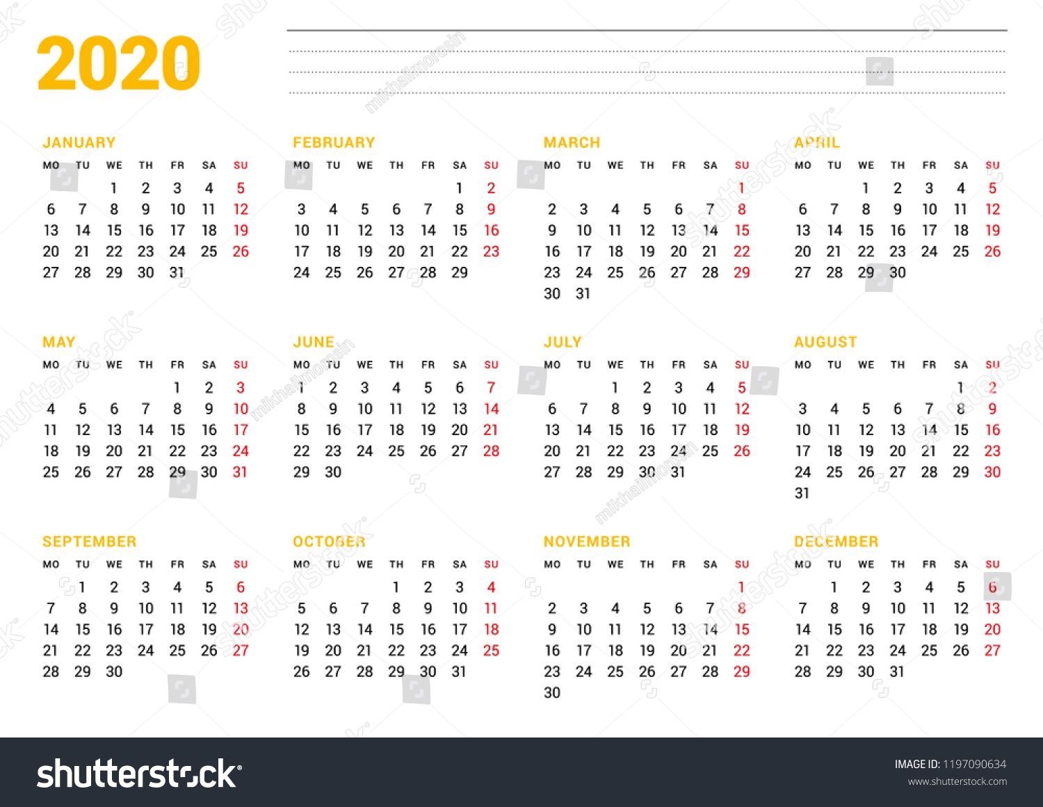 Calendar Template For 2020 Year Stationery Design Week