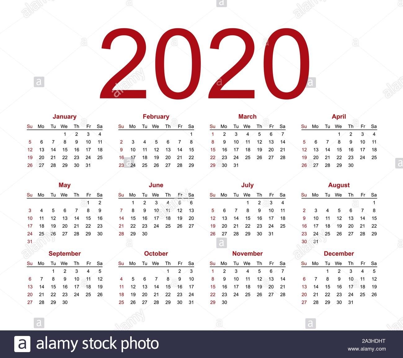 Calendar Template For 2020 Year Week Starts From Sunday