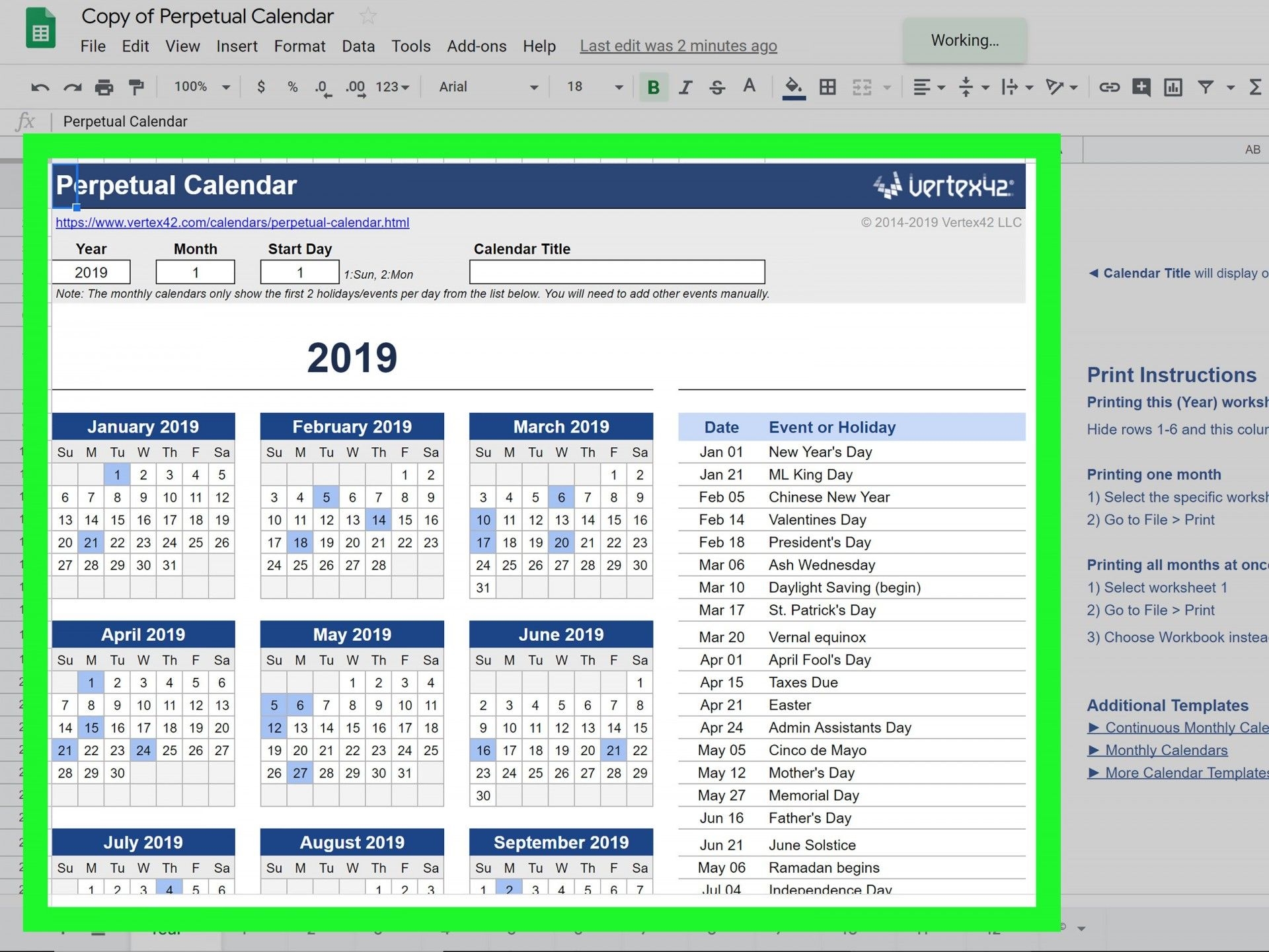 Editable Perpetual Calendar Google Sheets Example Calendar Printable