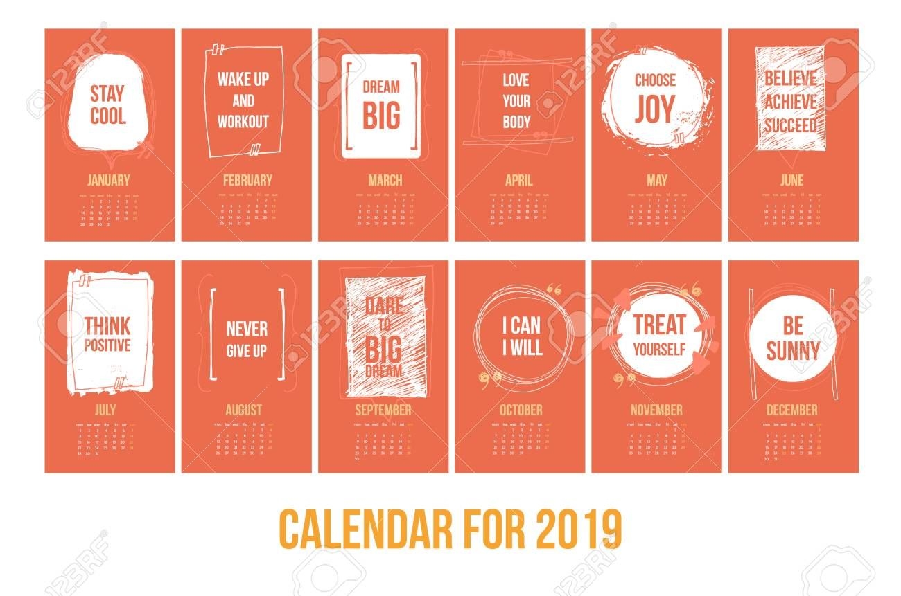Calendar With Inspiring Quotes 2019, Bright Colorful Year Template