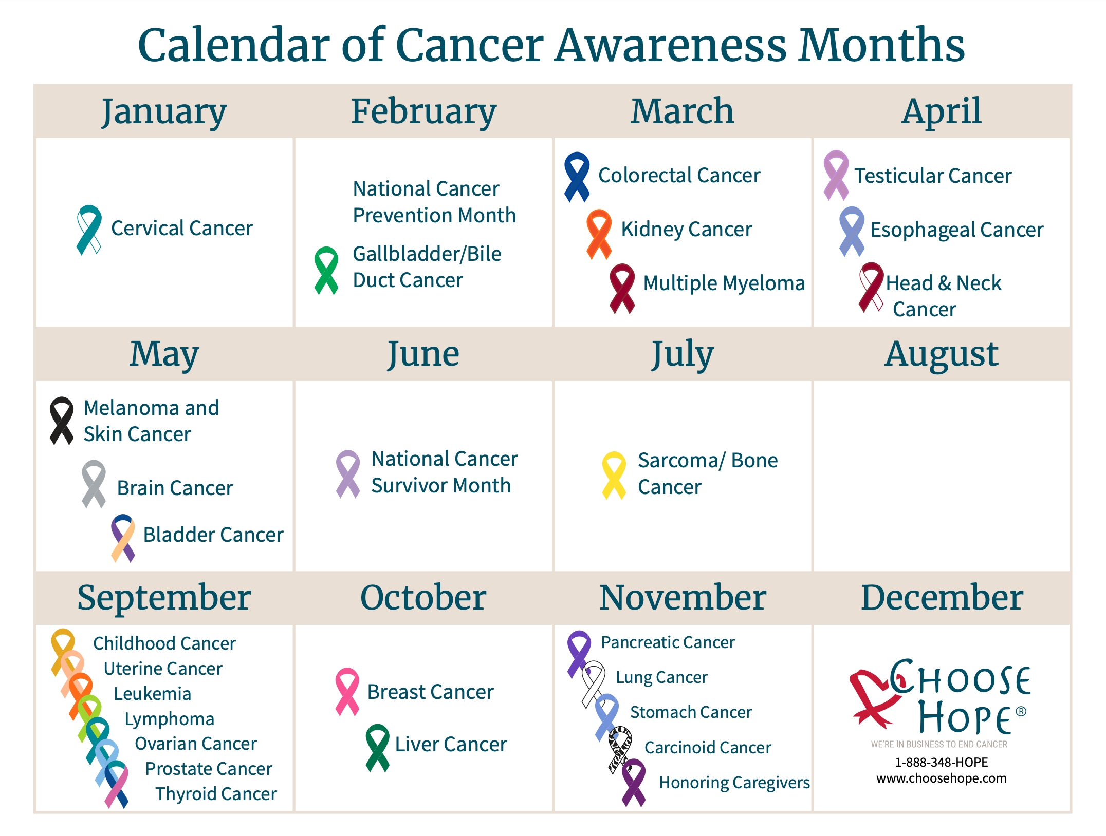 Cancer Awareness Months Calendar And Ribbon Colors Choose Hope 