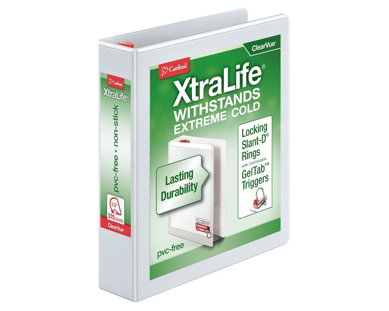 cardinal® xtralife® clearvue™ binder, locking slant d® rings, 1 5&quot;, white, holds 375 sheets