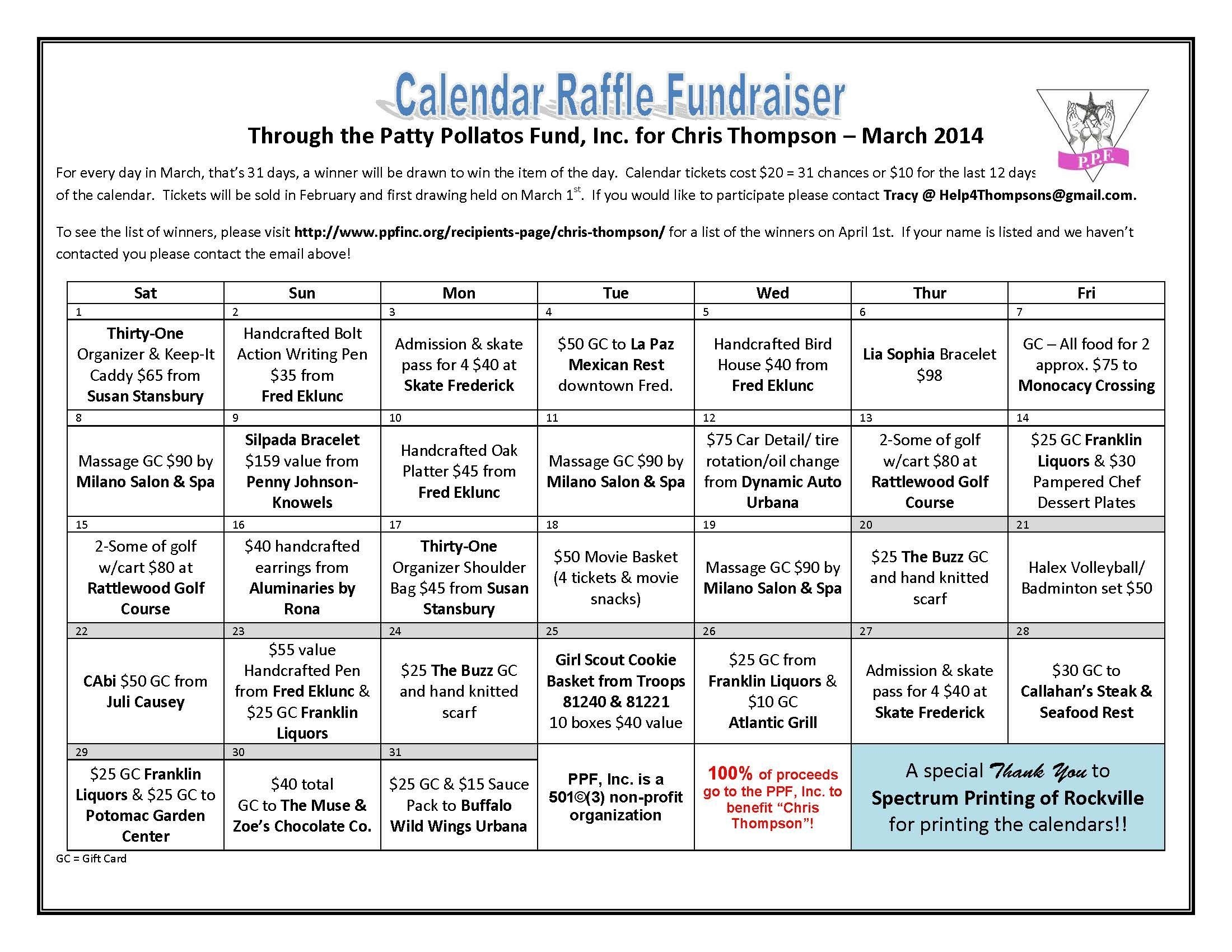 chris thompson calendar raffle patty pollatos fund