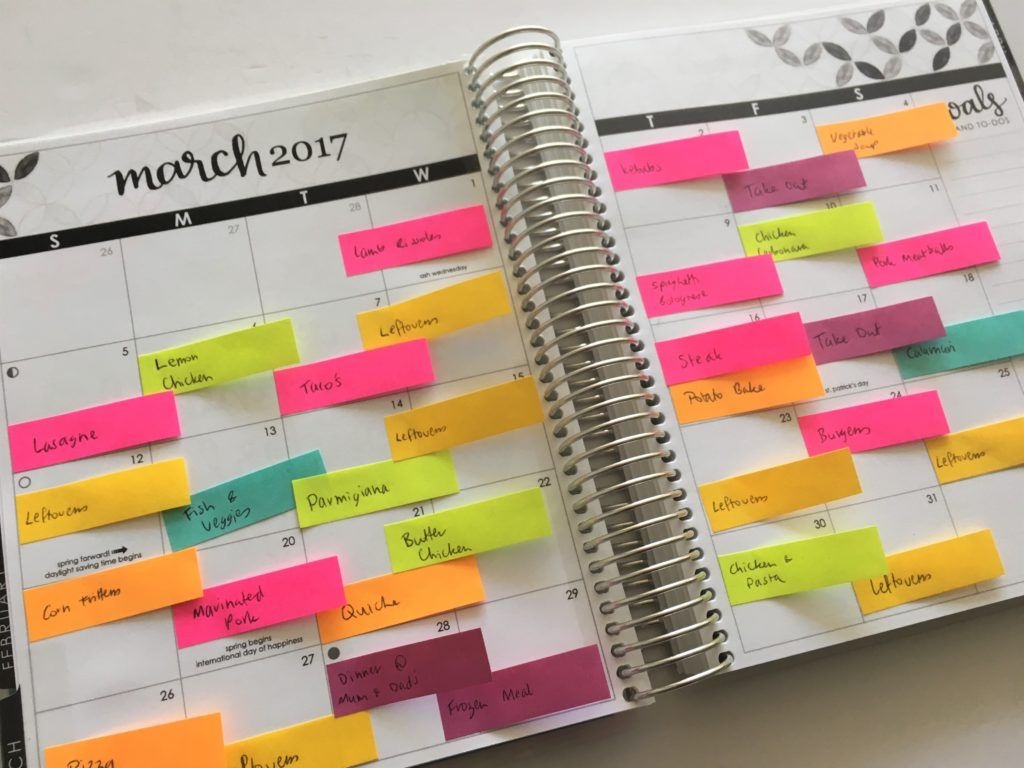 Color Coded Monthly Meal Planning Using Sticky Notes All