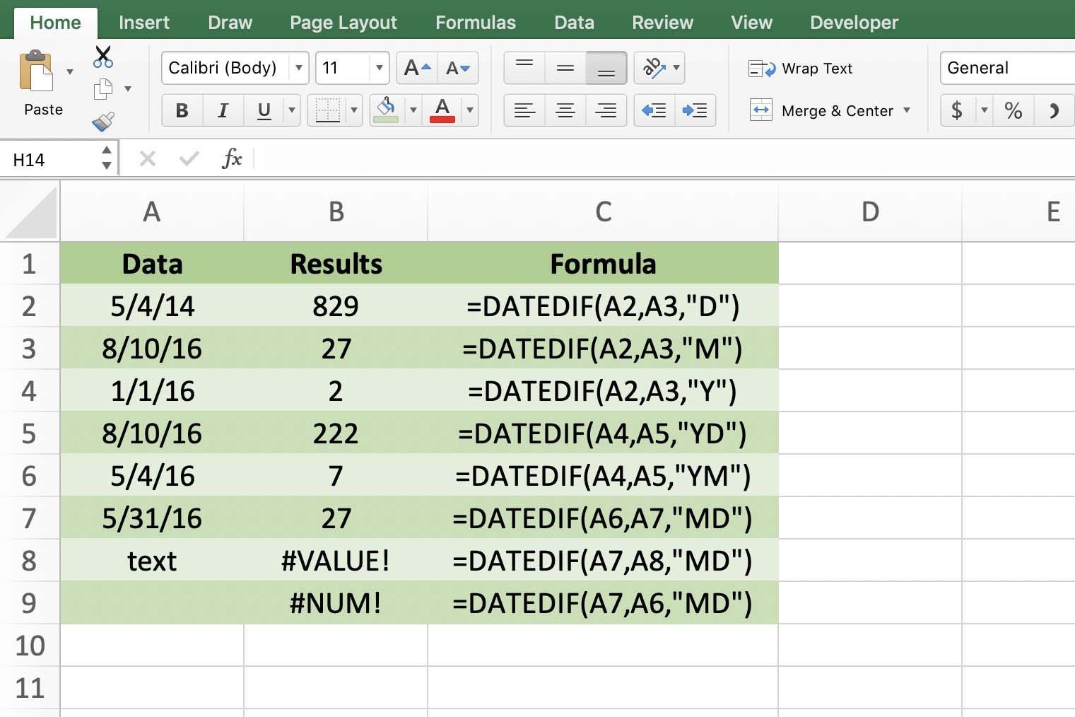 count days, months, years with datedif function in excel