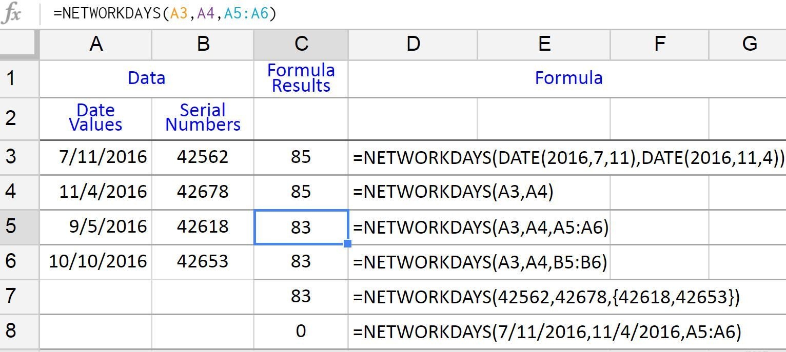 count working days between dates in google sheets