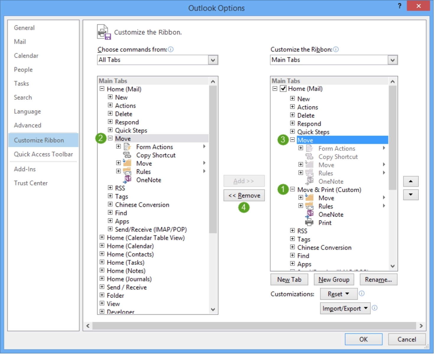 customize the ribbon bar in microsoft outlook 2016