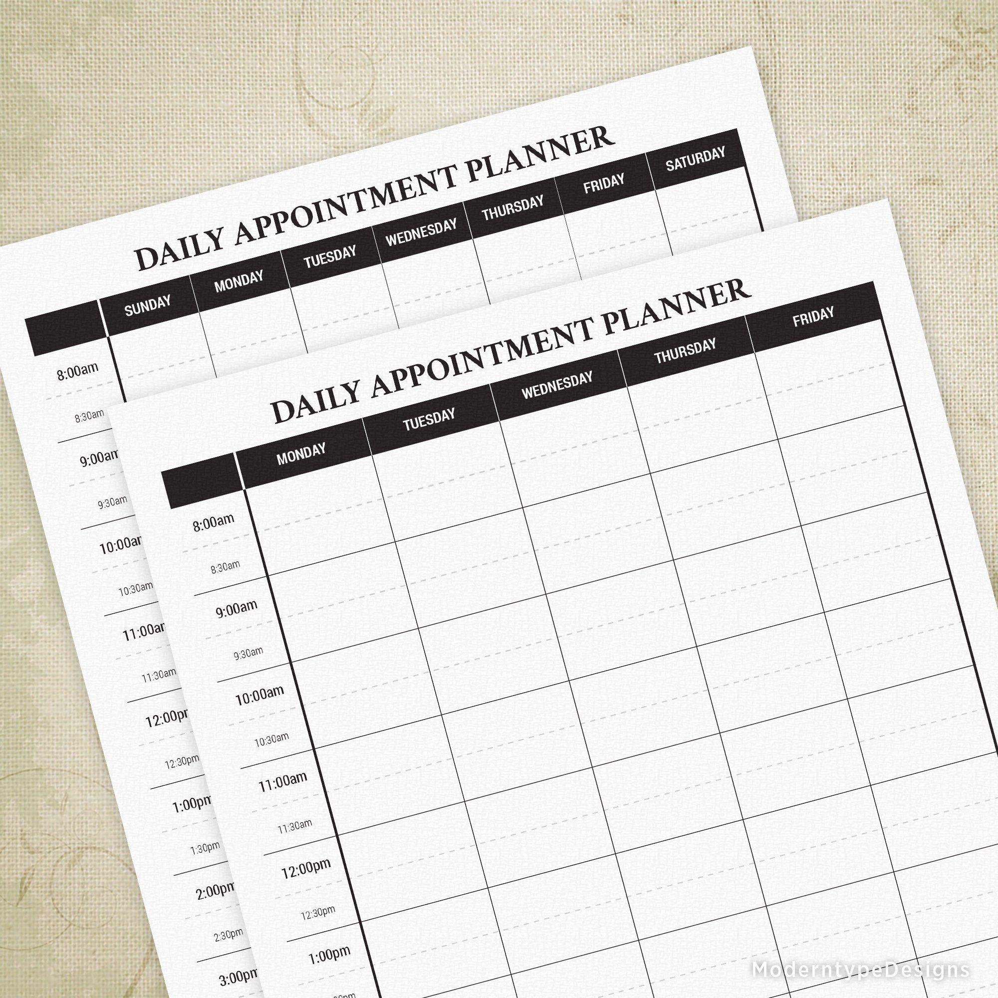 Daily Appointment Planner Printable, 5 And 7 Days Of The