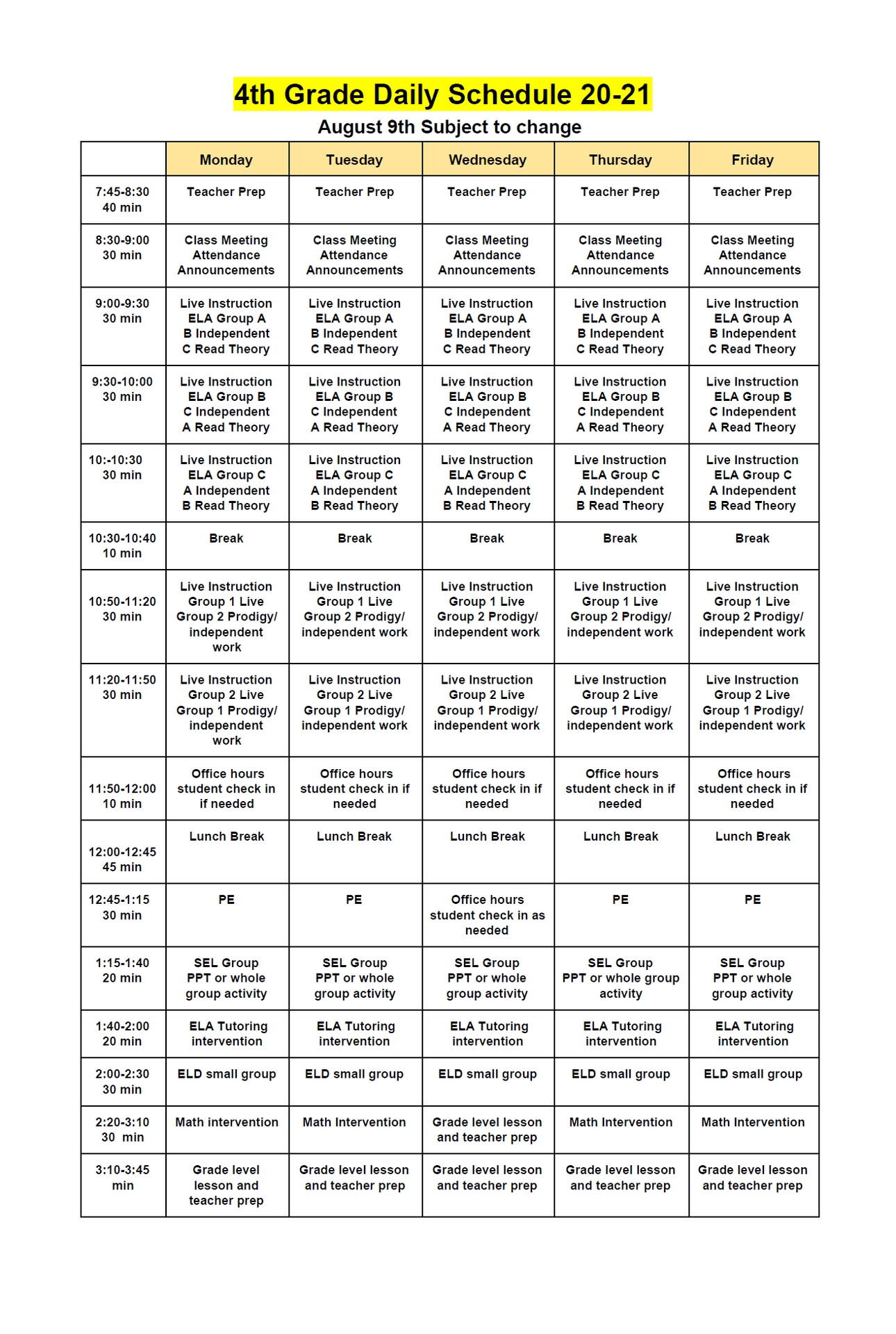 daily schedule – academics – a e mills intermediate