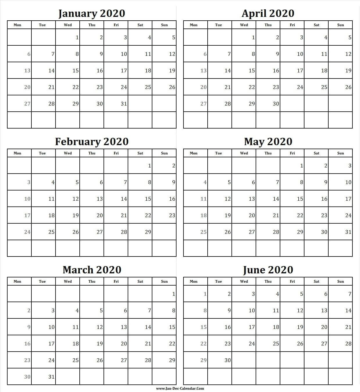 Dashing 6 Month Blank Calendar 2020 In 2020 | Calendar 2020