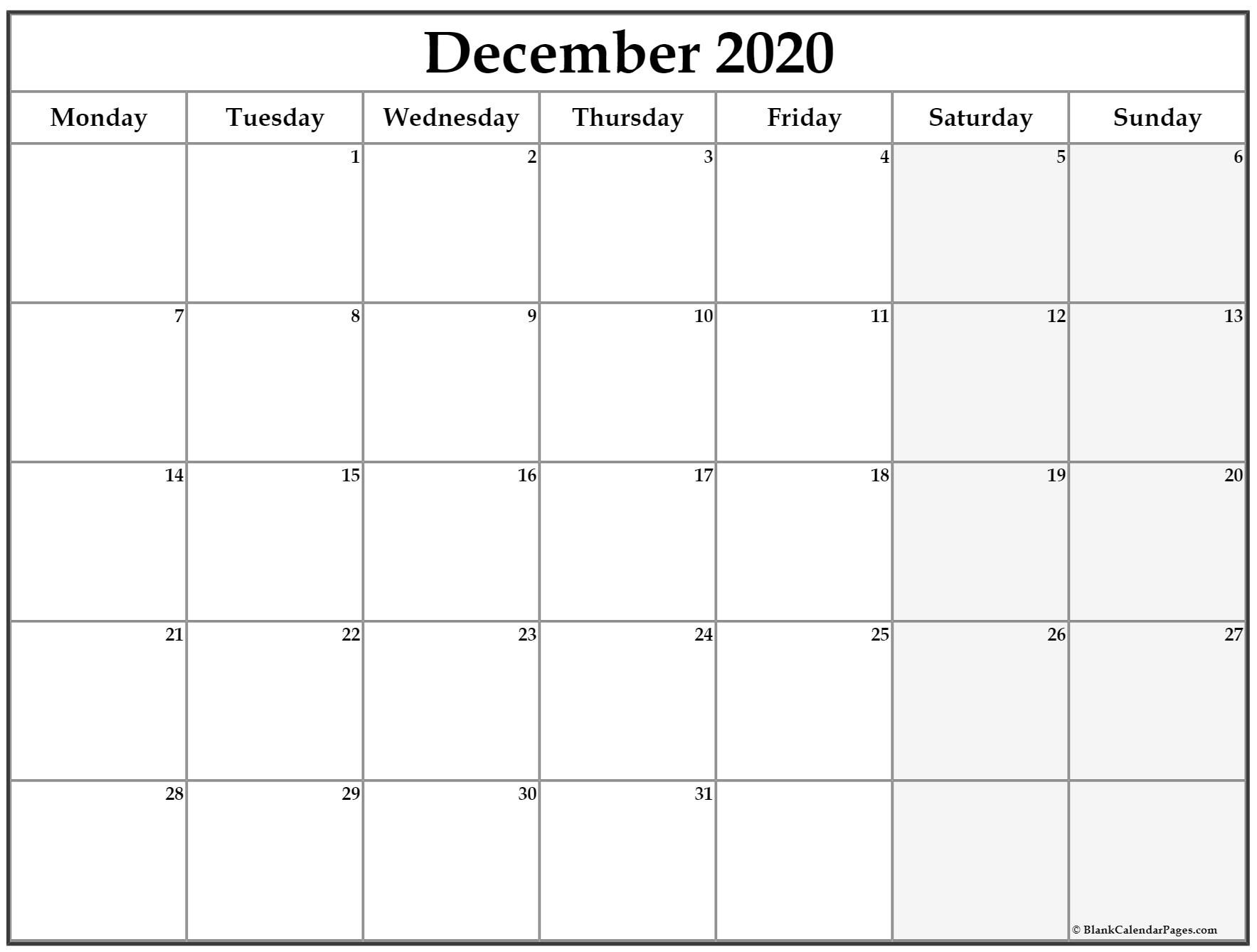 December 2020 Monday Calendar | Monday To Sunday