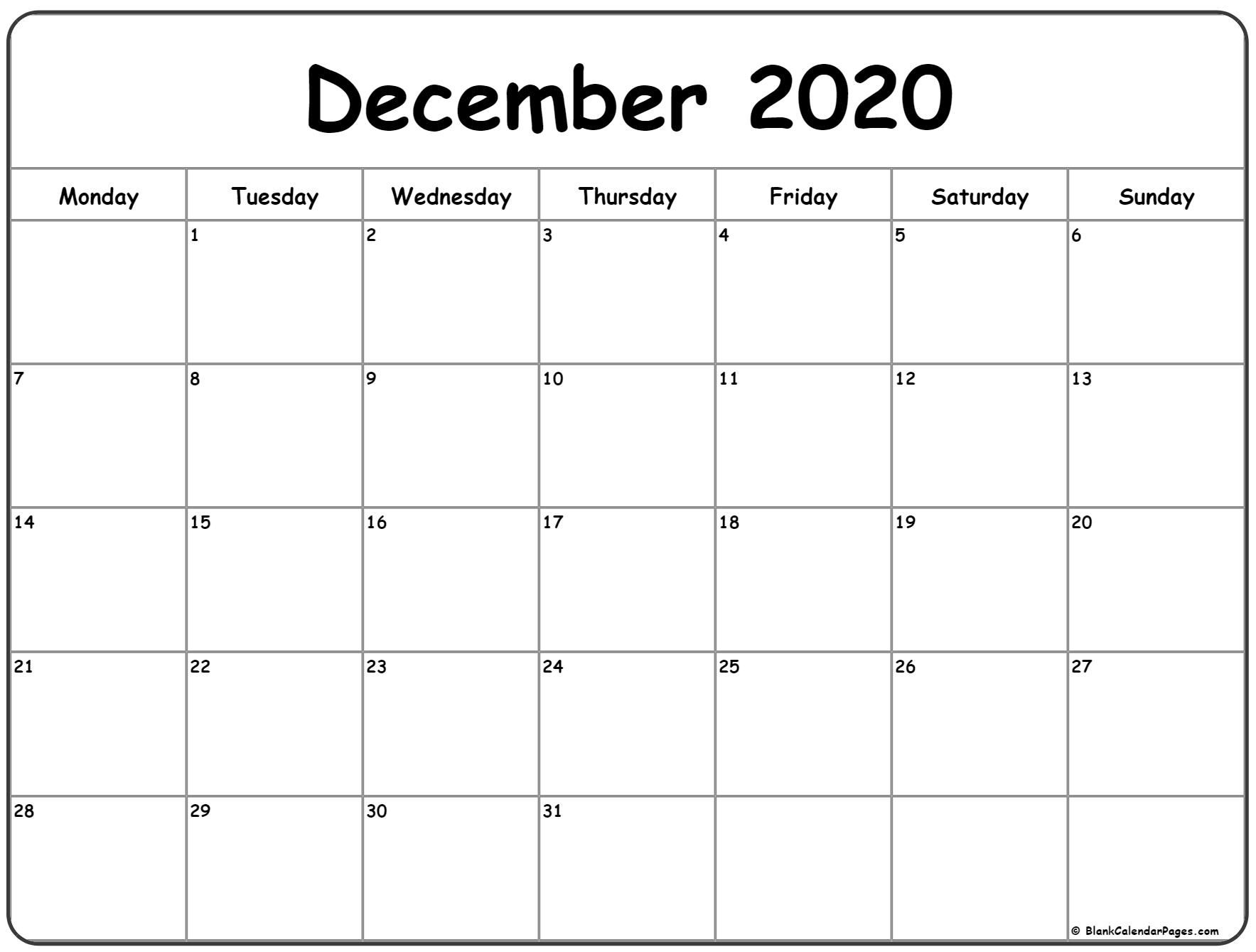 december 2020 monday calendar | monday to sunday
