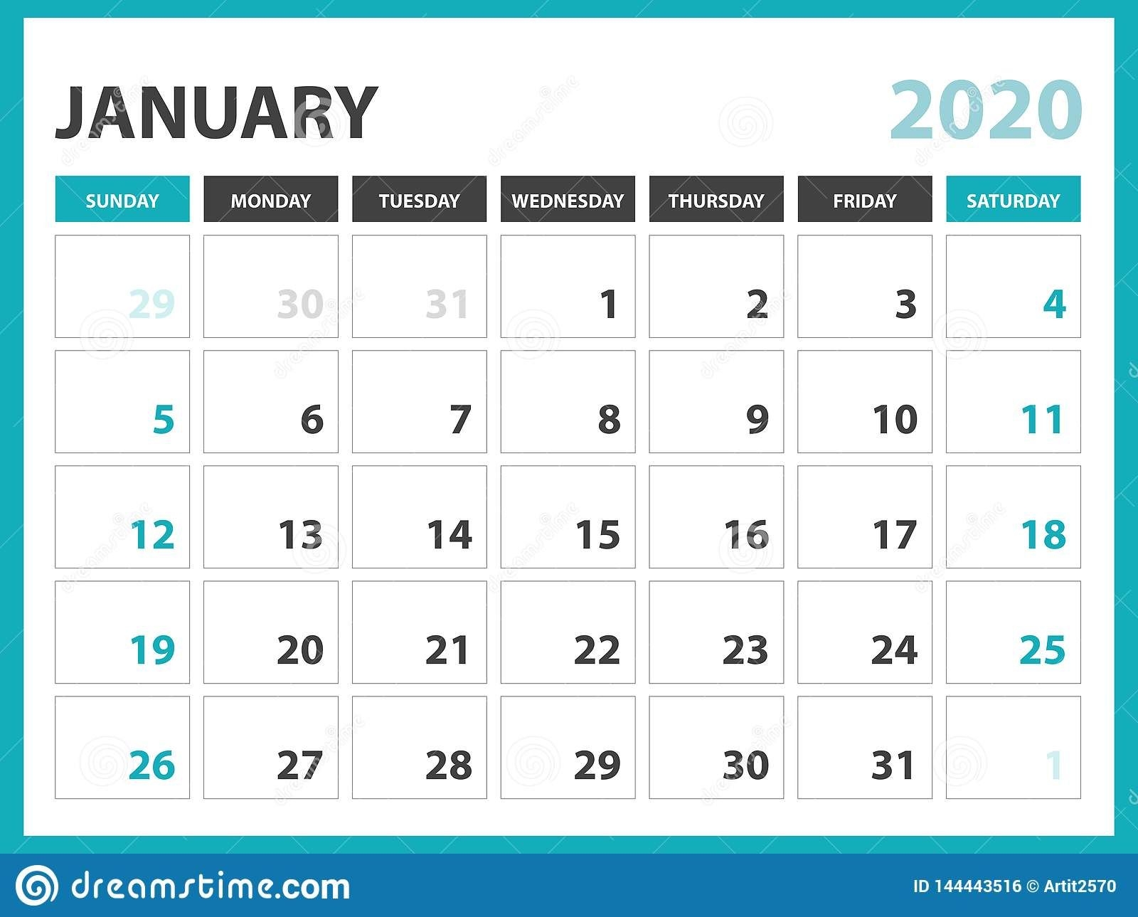 desk calendar layout size 8 x 6 inch, january 2020 calendar