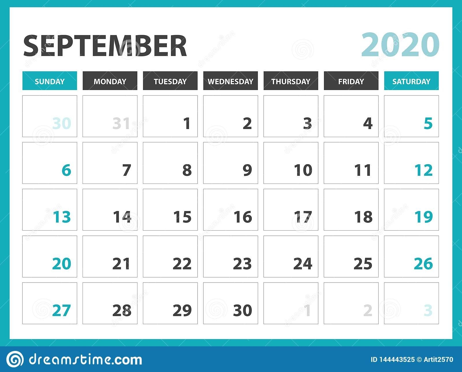 Desk Calendar Layout Size 8 X 6 Inch, September 2020