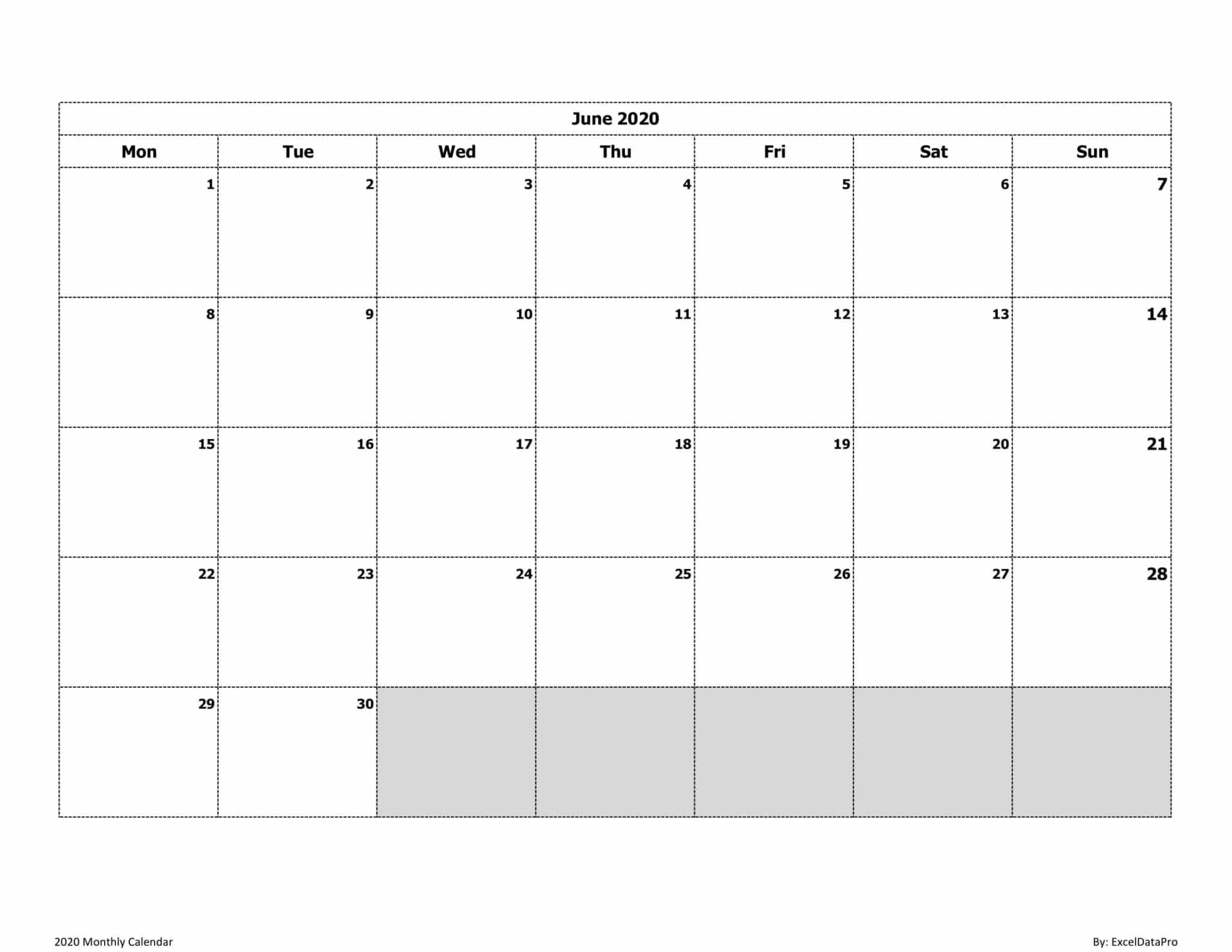Download 2020 Monthly Calendar (mon Start) Ink Saver Excel
