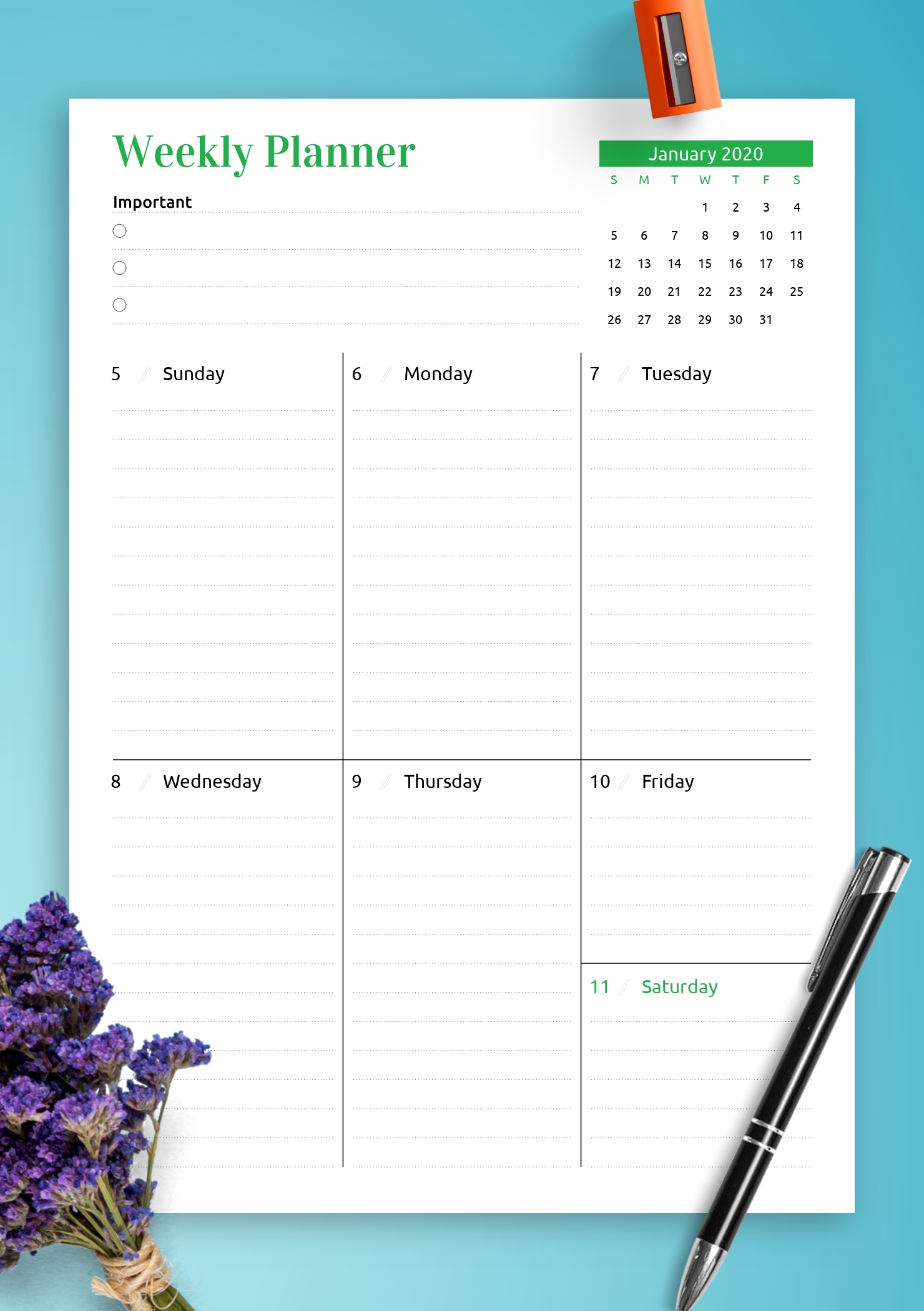 download printable week at a glance planner with calendar pdf