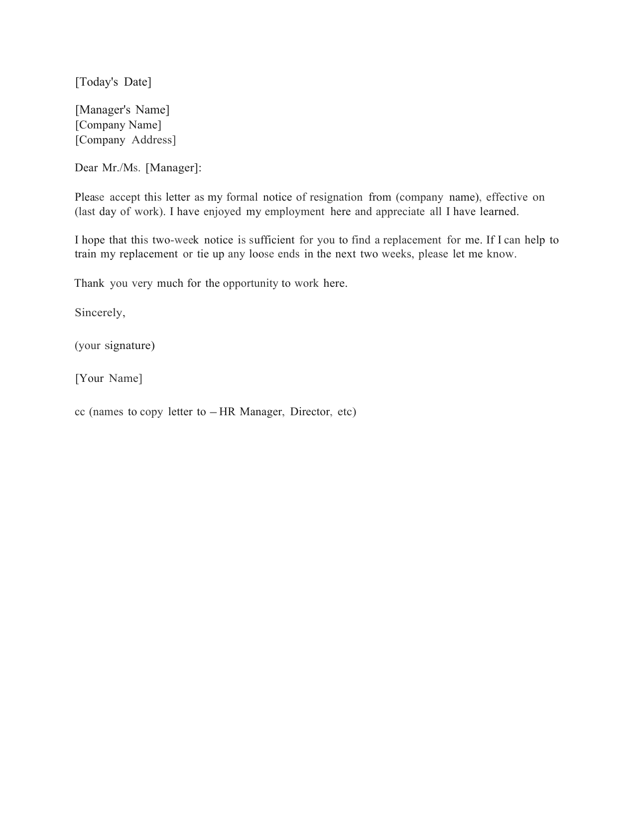 Download Standard Two (2) Weeks Notice Letter Template And