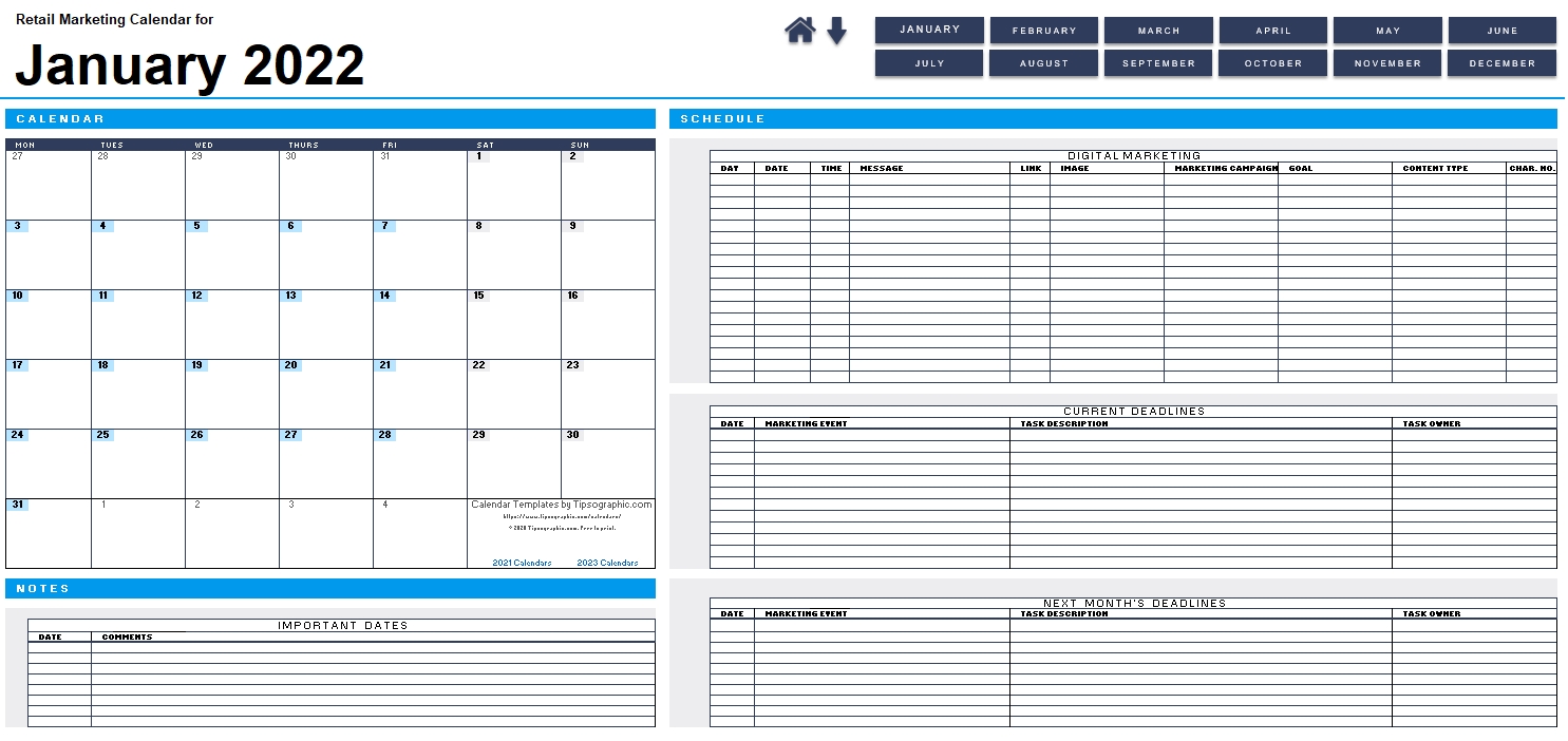 download the 2022 retail marketing calendar (blank, monday