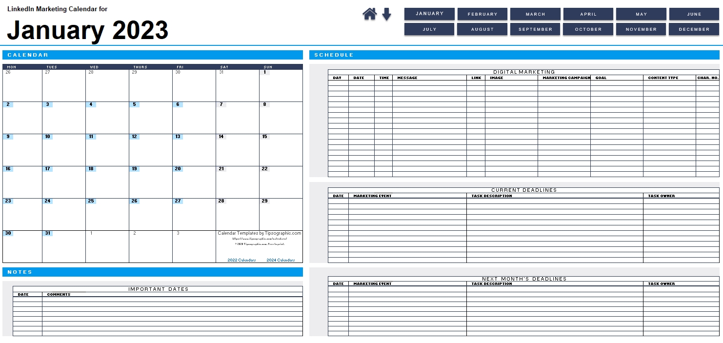 download the 2023 linkedin marketing calendar (blank, monday