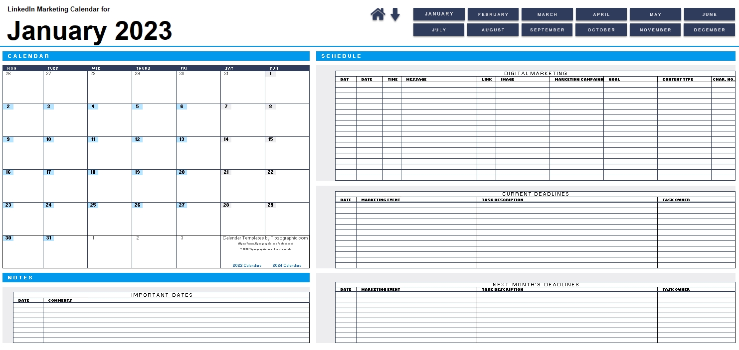 Download The 2023 Linkedin Marketing Calendar (blank, Monday