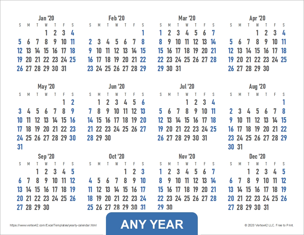 Download The Year Calendar With Large Numbers From Vertex42