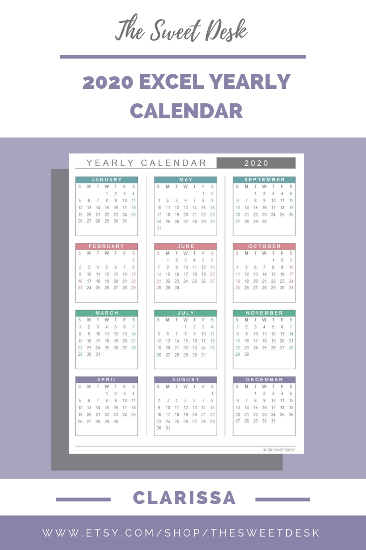 Editable 2020 Excel Yearly Calendar Template | Printable