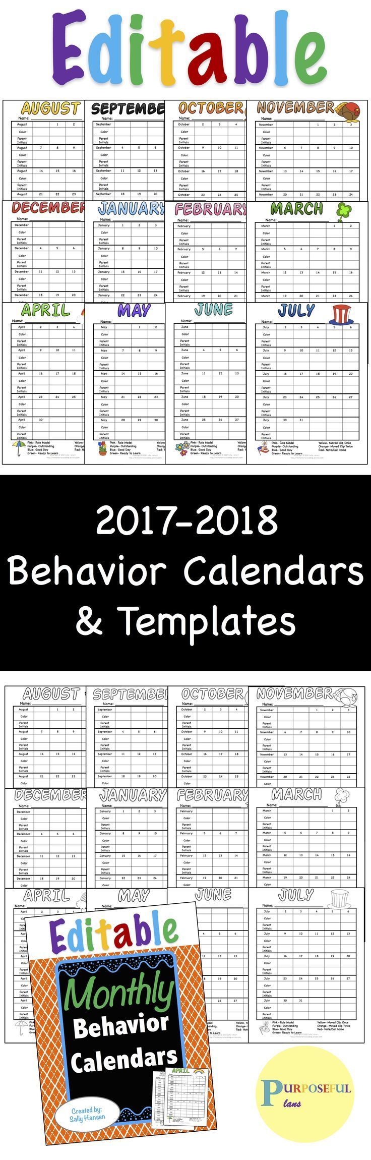 editable behavior monthly calendars 2019 2020 for classroom