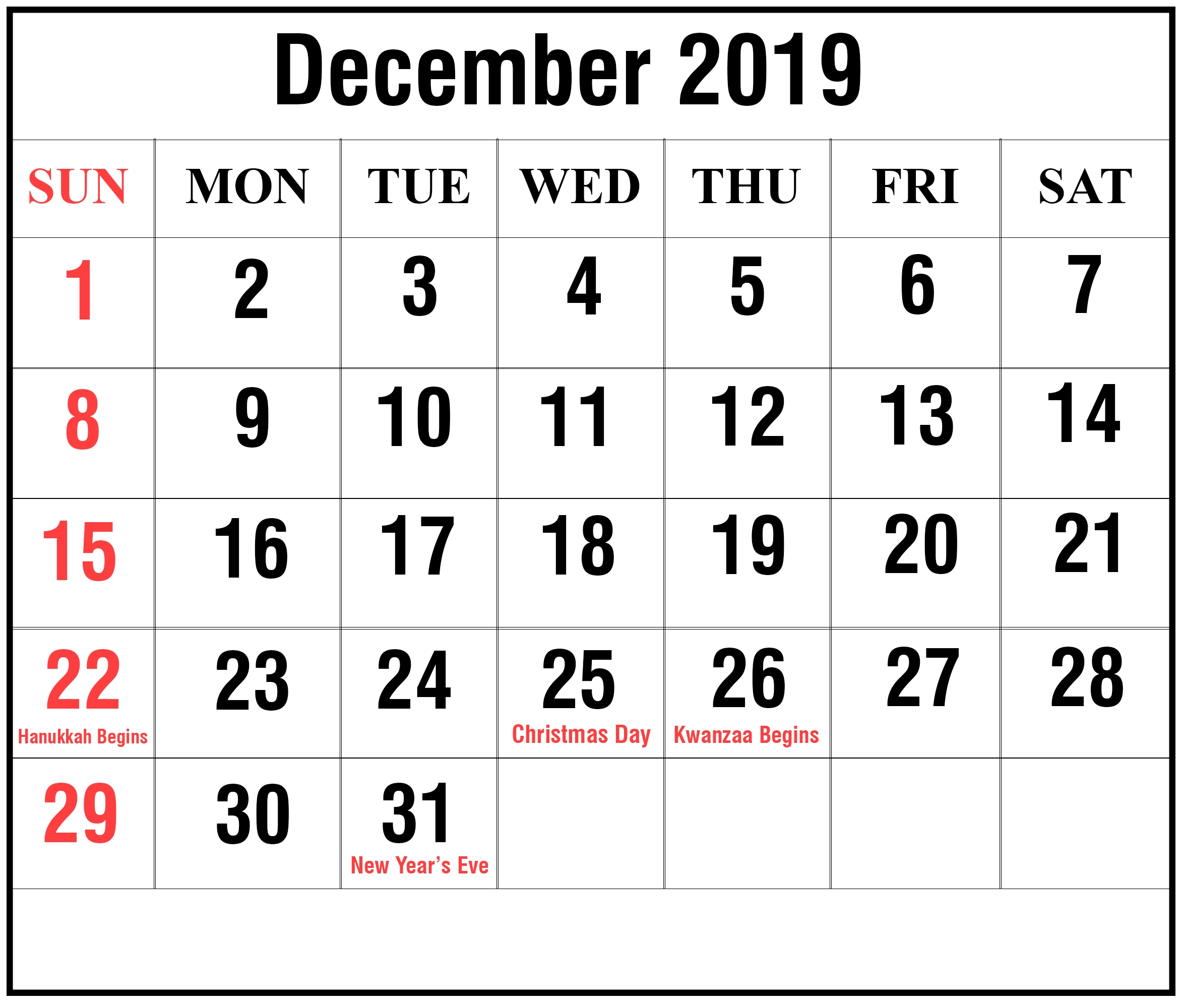 Editable December 2019 Calendar Blank Template | Monthly