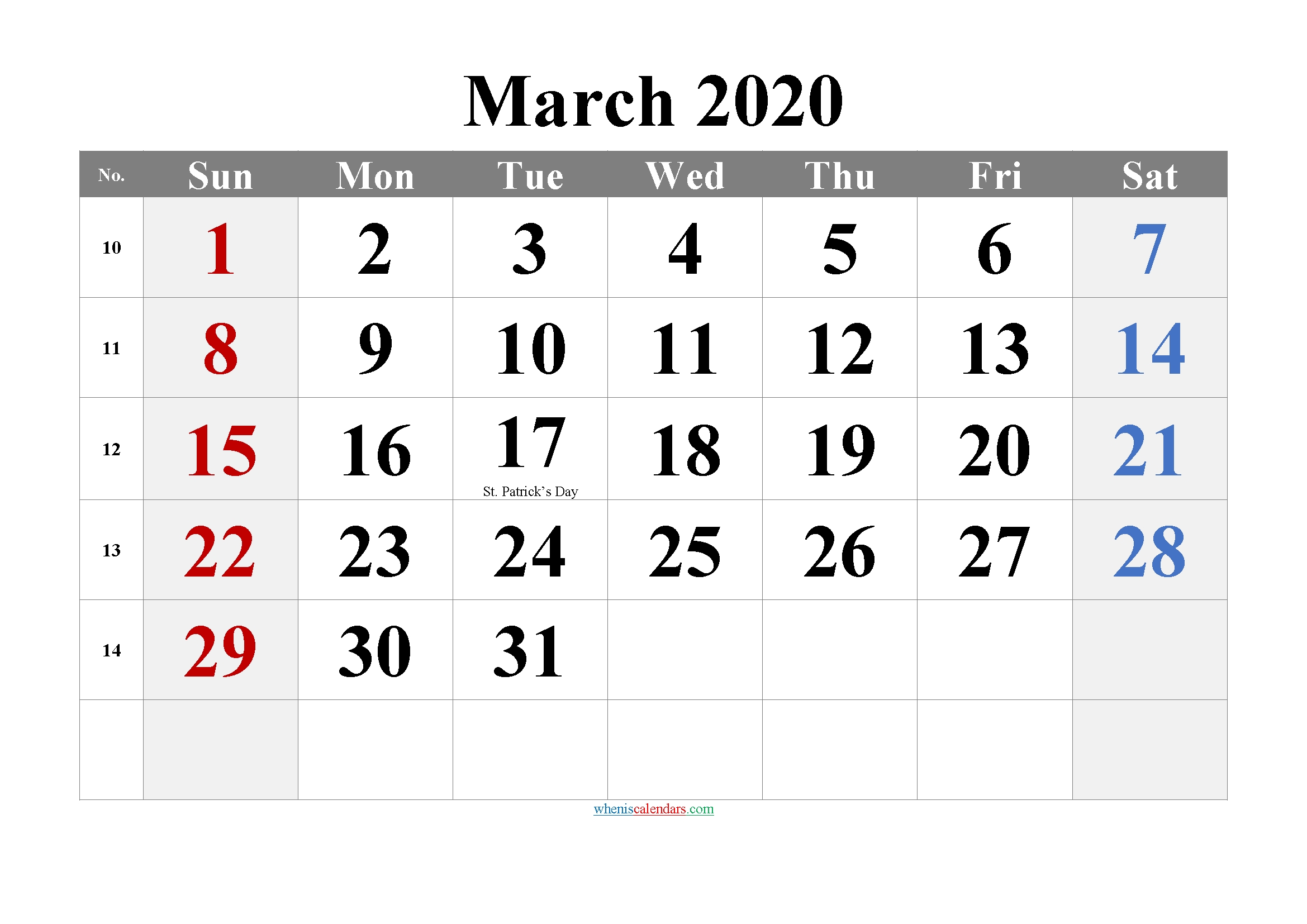 editable march 2020 calendar template no tr20m15 – free