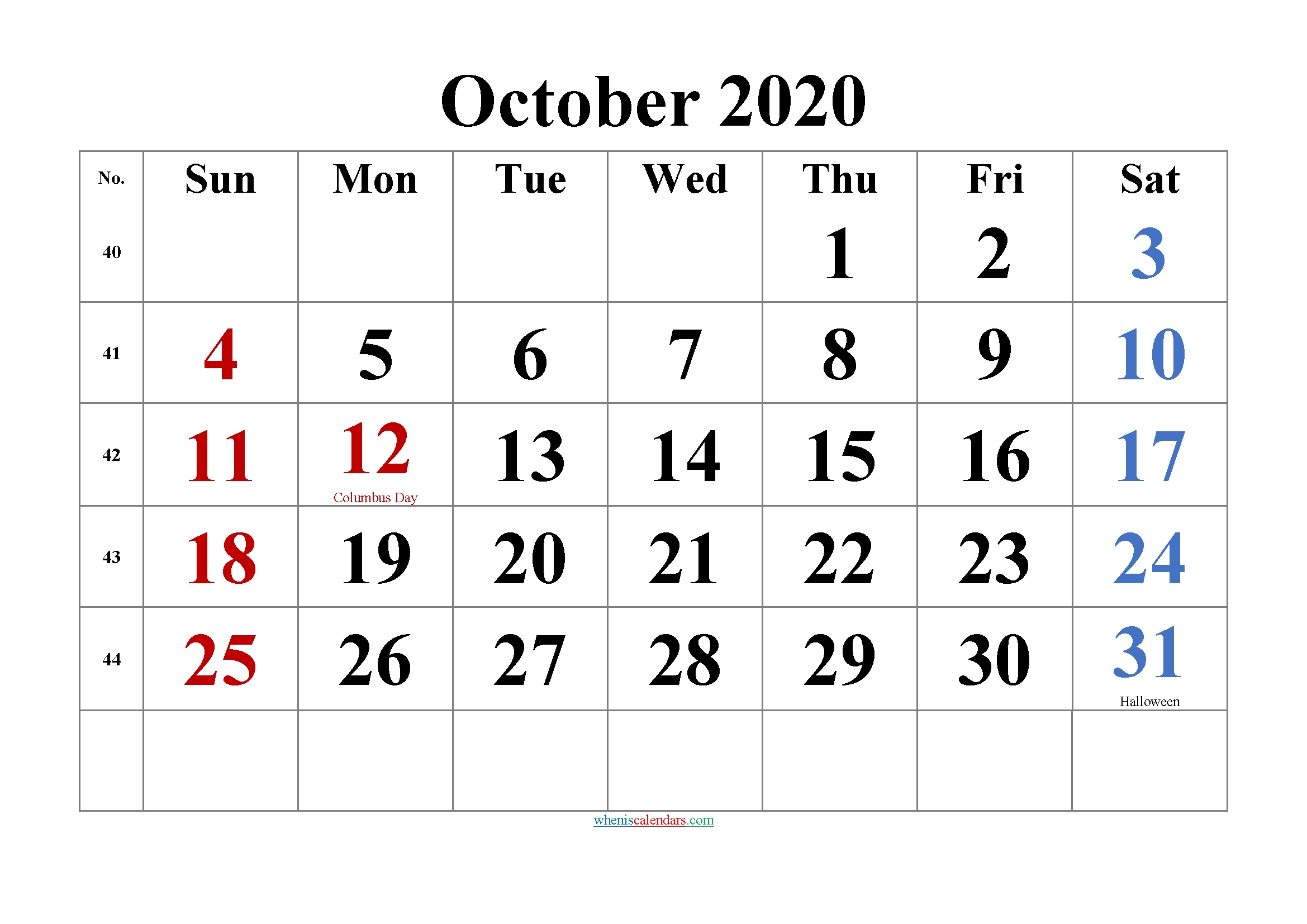 Editable October 2020 Calendar Template No Tr20m46 – Free