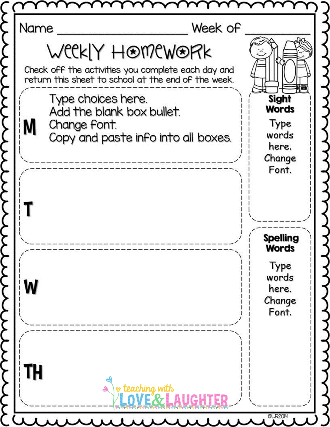 weekly homework sheet printable