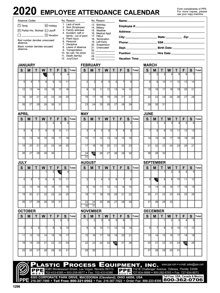 employee attendance calendar 2020 fill online, printable