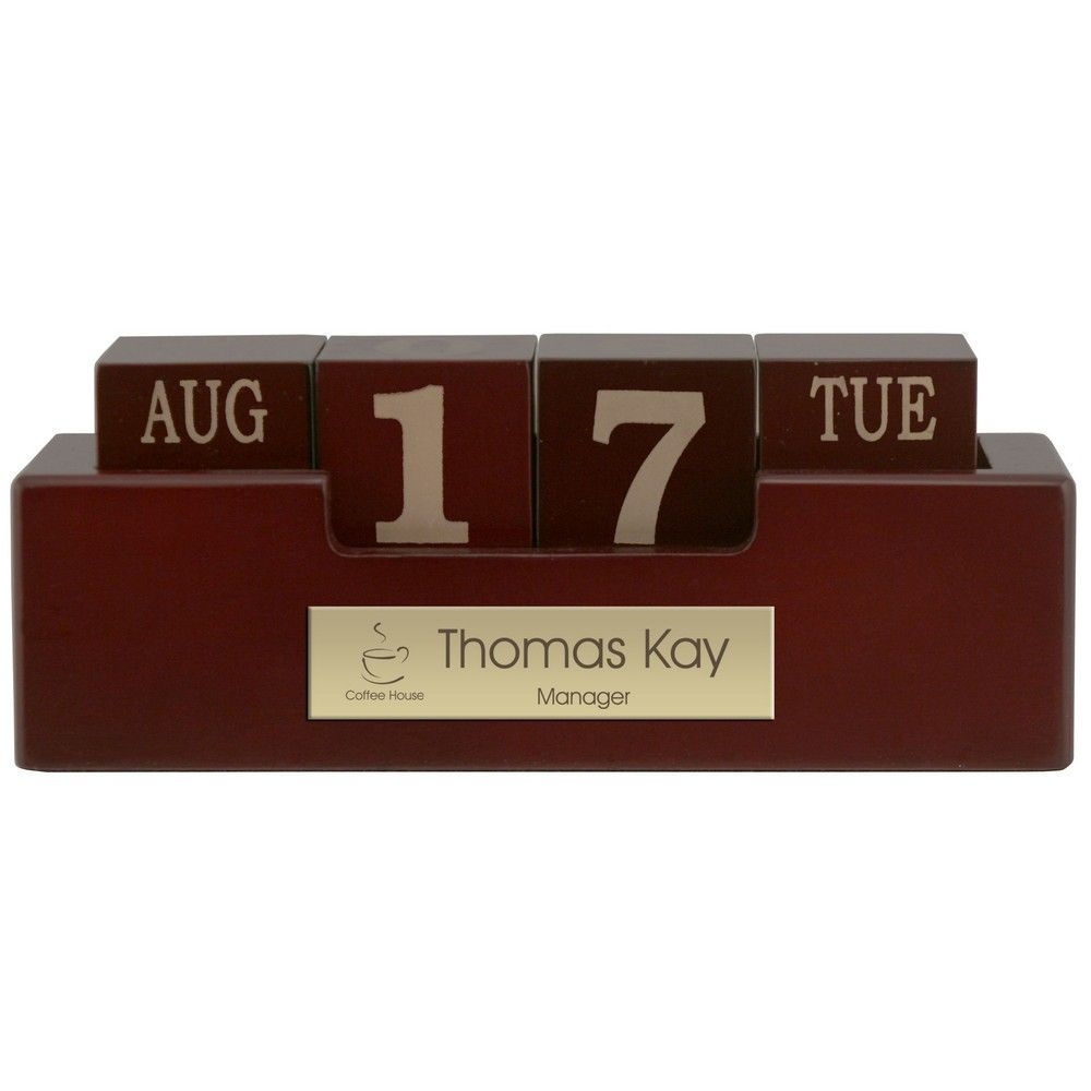 engraved wood perpetual desktop calendar with brass plate