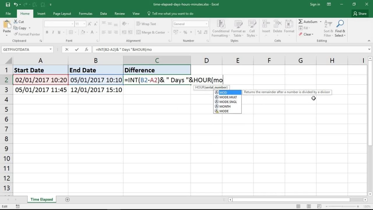 ms excel time minus minutes