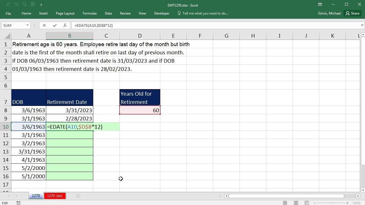 excel magic trick 1270: calculate retirement date with edate and eomonth functions