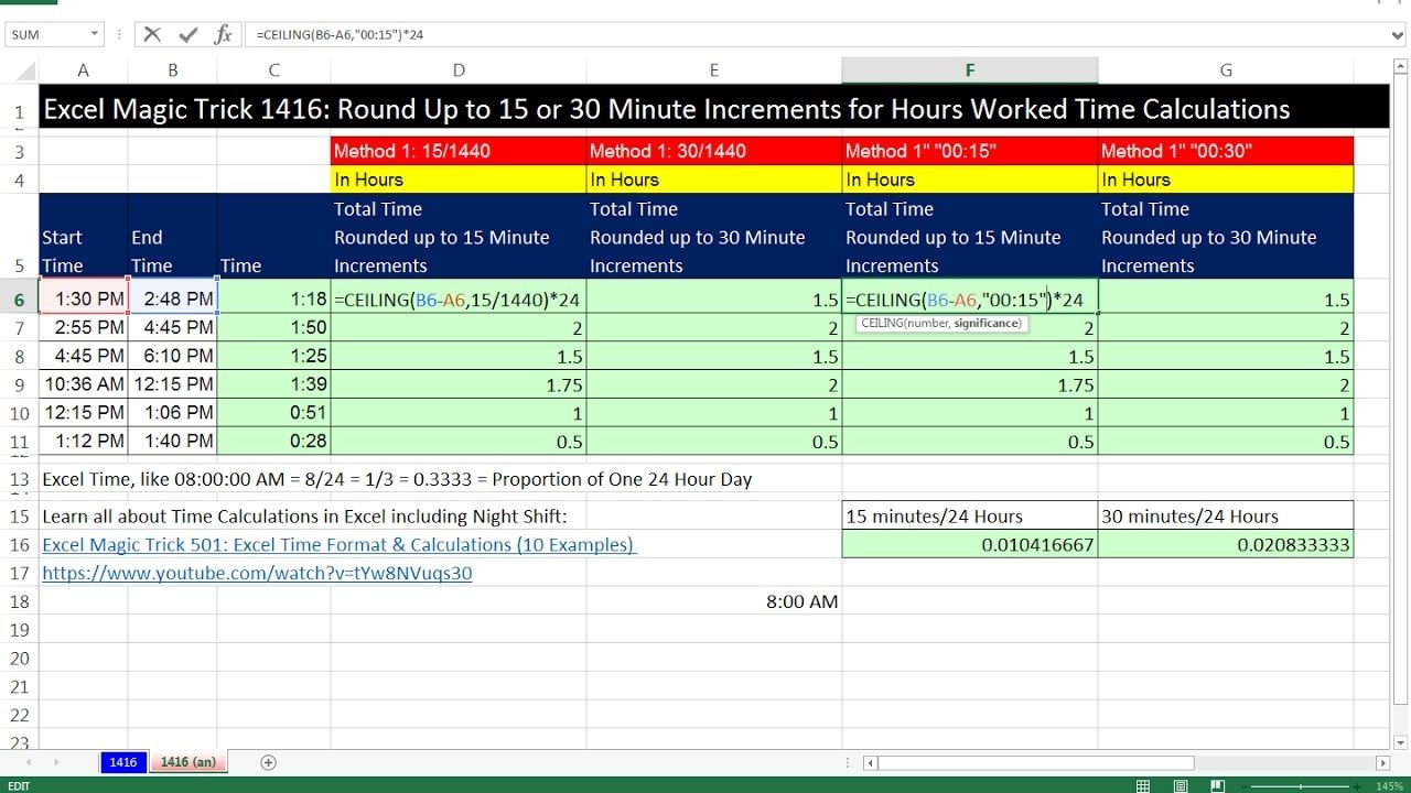 excel magic trick 1416: round up to 15 or 30 minute increments for hours worked time calculations